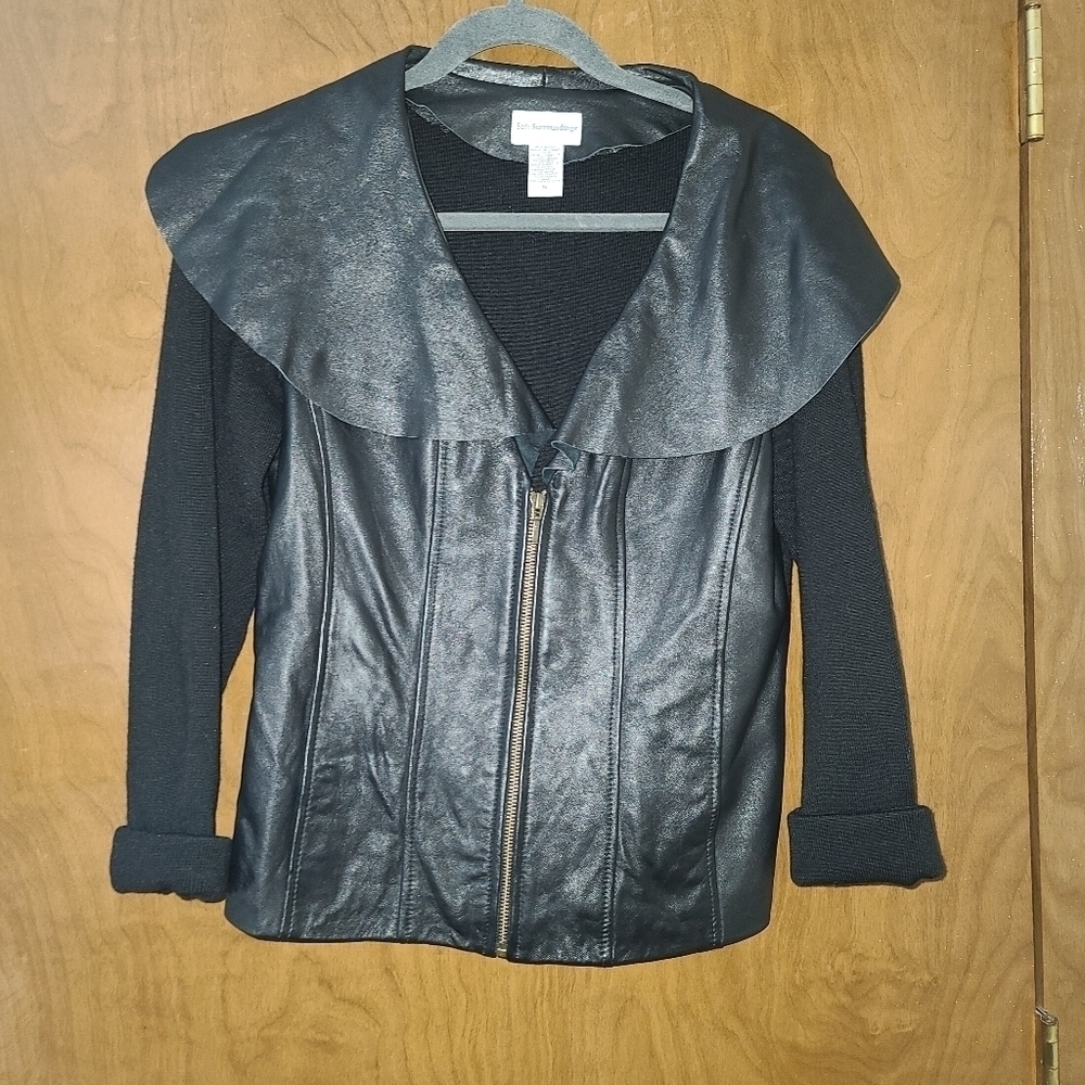 SOFT Surroundings Black Leather Zip Front Sweater Metro Jacket Sz .Drape Collar
